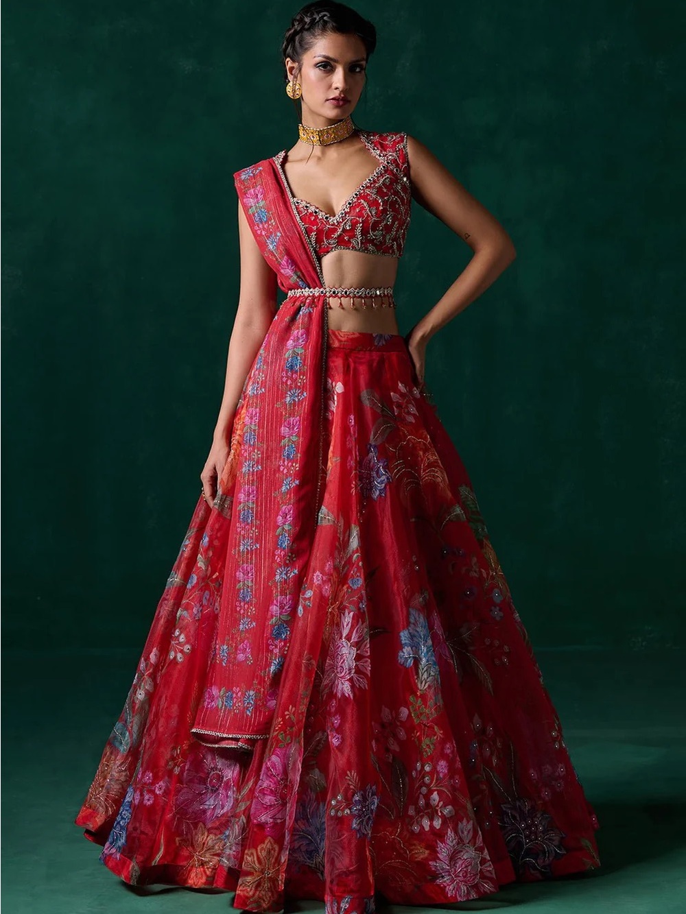 Stunning Red Floral Embellished Lashkaraa Lehenga Set